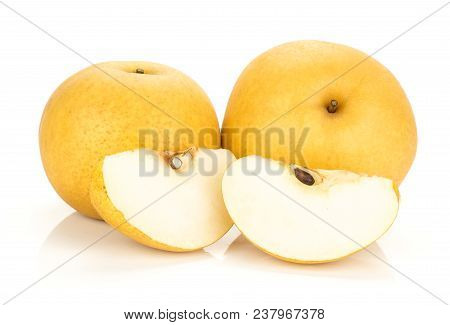 Two Chinese Golden Pears With Slices Nashi Variety Isolated On White Background