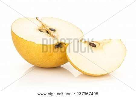 Chinese Golden Pear Half With One Slice Nashi Variety Isolated On White Background