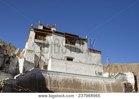 View On The Beautifully Located Buddhist Monastery In The Basgo Village