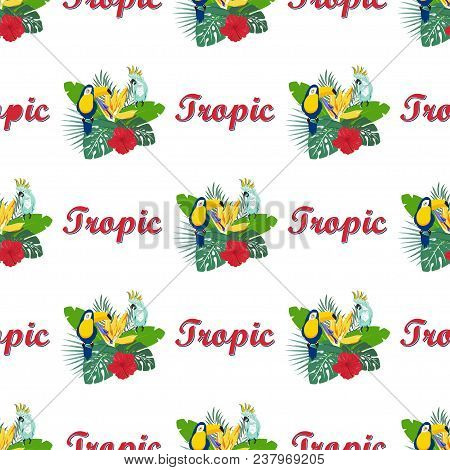Bright Tropical Pattern With Tukan, Parrot, Palm Leaves, Flowers And Inscription, Tropical Backgroun