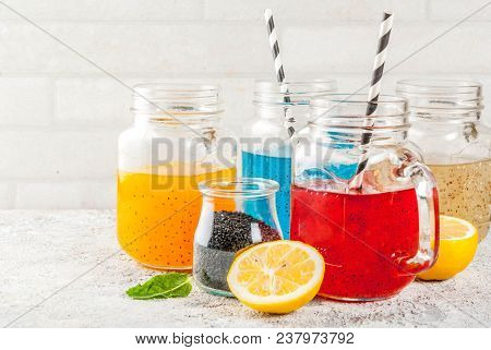 Set Of Different Chia Seed Drink, Tropical Fruit Cocktails,  Fresca, Grey Stone Background Copy Spac
