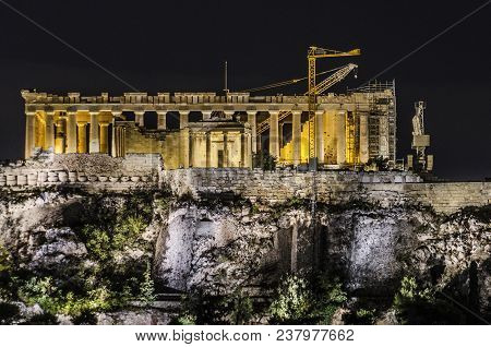 Close-up Of The Illuminated Parthenon And The Hill Of The Acropolis Athens Greece