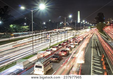 São Paulo, Brazil, June 07, 2017. View Of May 23 Avenue With Traffic Trails, In Sao Paulo