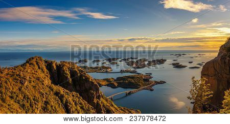 Panoramic View From The Hiking Path Leading To The Top Of Mount Festvagtinden Above The Village Of H