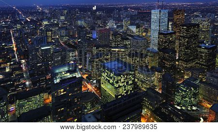 An Aerial Of Downtown Toronto, Canada City Center At Night