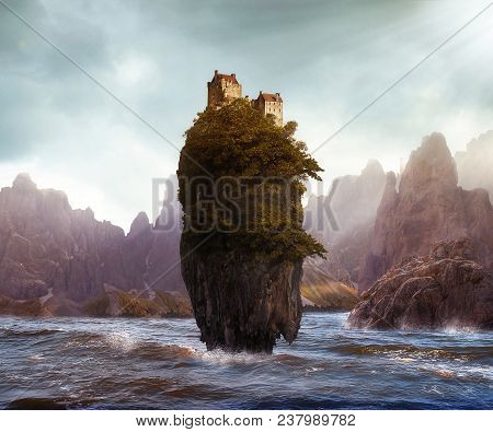 Photomanipulation Of An Fantastic Island With An Old Castle On The Top.