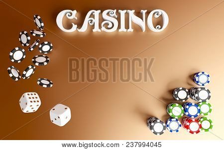 Casino Background Dice And Chips. Top View Of White Dice And Chips On Red Gold Background. Online Ca