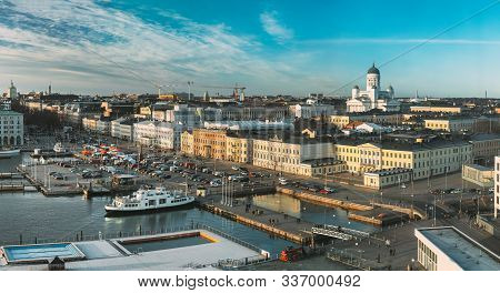Helsinki, Finland. Panoramic Aerial View Of Market Square, Street With Presidential Palace And Helsi