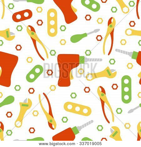 Vector Seamless Pattern With Kid Toys. Toy Tools. Screwdriver, Detail, Drill, Nut, Adjustable Wrench