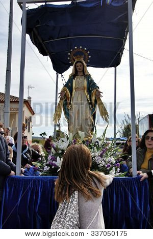 Orihuela, Spain- November 24, 2019: Parishioners Carrying The Beautiful And Old Virgin Of The Miracl