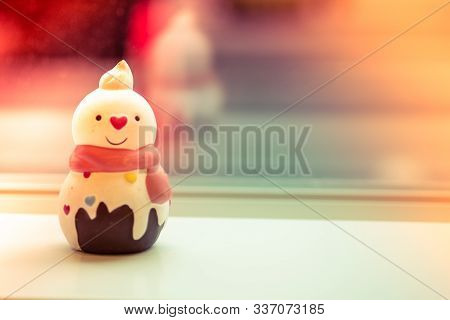 Ceramic Toy Snowman For Decoration In Home. Happy Santa Claus Doll On Christmas Time