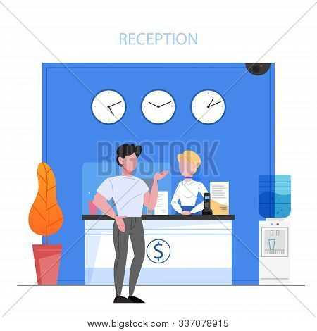 Bank Reception Concept. Woker Standing At The Counter And Helping A Customer.