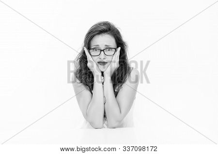 Worried Student At Table. Businesswoman In Office. Business Success. Sexy Lady With Red Lips. Woman 