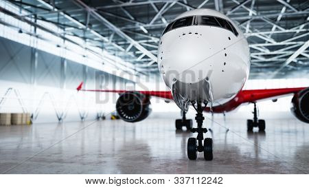 Big airplane in aircraft hangar. Passenger or cargo transportation. 3D illustration