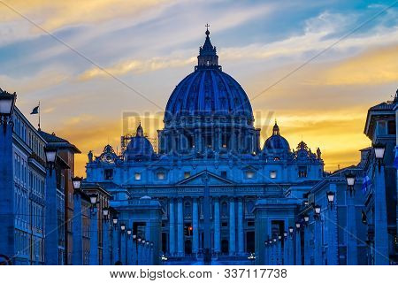 Orange Sunset Street Lights Blue Saint Peter's Basilica Vatican Rome