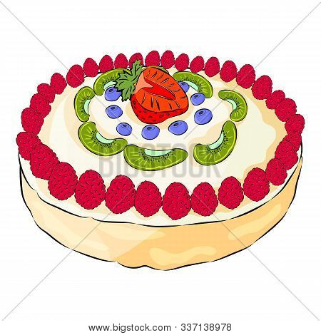 Meringue Ake With Raspberry, Kiwi, Strawberry, Blueberry Isolated On The White Background. Flat Styl