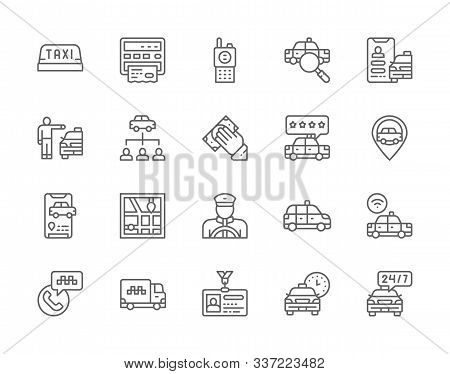 Set Of Taxi Line Icons. Truck, Delivery, Cabbie, Taxicab, Id Card And More.