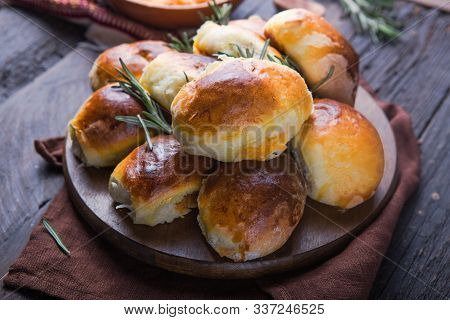 Ready-made Baked Pies With Cabbage.  Traditional Russian Cuisine. Dinner. Treats Family Traditions. 