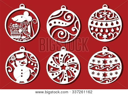 Christmas Ball Set. Rat, Snowman In Christmas Ball For Laser Cuttinng. Monochrome Ornamental Simple 