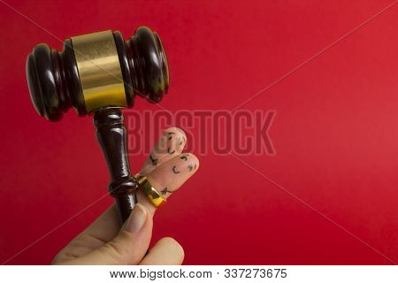 Purposal Devorce Creative Concept. Painted Happy Fingers Smiley In Love Against Red Background With 