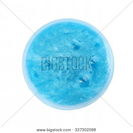Blue Slime In Plastic Container Isolated On White, Top View. Antistress Toy