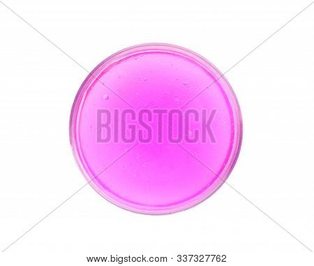 Pink Slime With Glitter In Plastic Container Isolated On White, Top View. Antistress Toy
