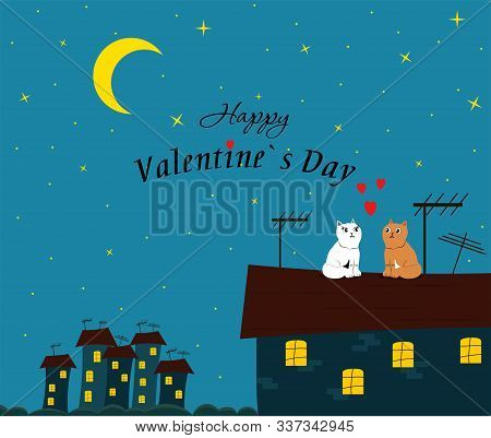 Loving Couple Of Cats On The Roof Of The House Against The Background Of The Night, Starry Sky. Gree