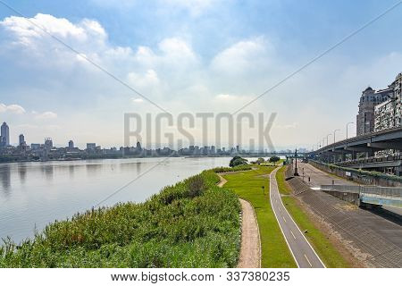 Scenery Of Tamsui River Bank, View On Taipei Bridge, A Bridge Link New Taipei City To Taipei City, T