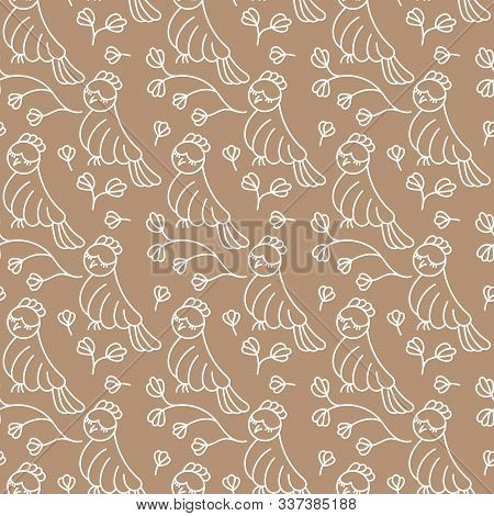 Hand Drawn Birds, Branches With Flowers. Line Art, Graphics. Vector Seamless Patttern