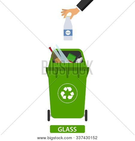Hand Throws Garbage In The Trash. Man Throws Garbage Into The Container. Flat Design