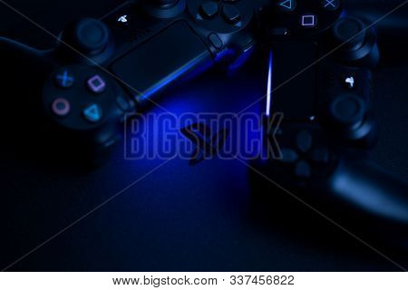 Russia, Oktober 24 2019: Ps4 Console Background. Playstation 4 Controllers. Sony Gaming Console