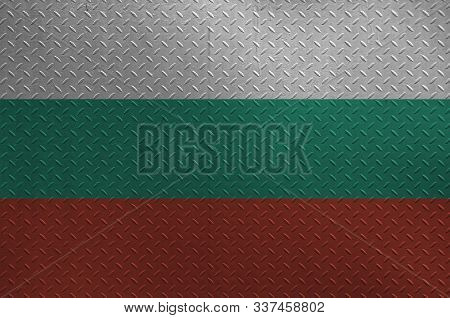 Bulgaria Flag Depicted In Paint Colors On Old Brushed Metal Plate Or Wall Closeup. Textured Banner O