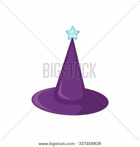Purple Wizard Hat Flat Vector Illustration. Magical Headwear, Illusionist Accessory Isolated On Whit