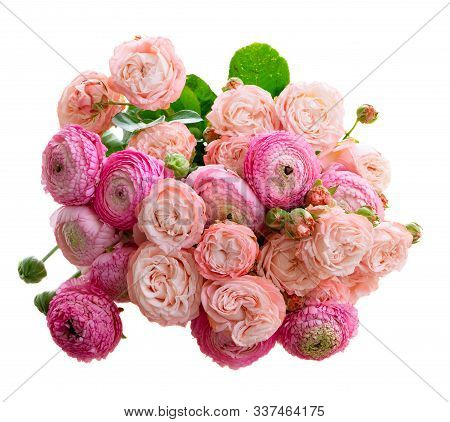 Rose And Rununculus Flowers Round Bouquet Isolated On White Background