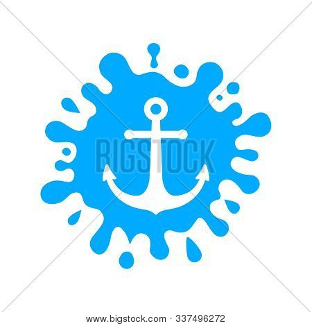 Anchor Of Ship In The Splatter Sea Water Sign. Isolated Blue Splash Water On White Background. Marin