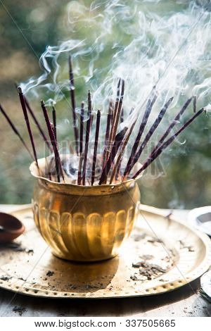 Incense Stick. Burning Aromatic Incense Sticks. Incense For Praying Hindu Gods To Show Respect.