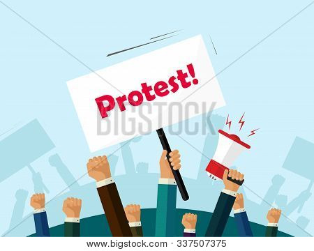 Protesters People Crowd Holding Revolution Or Political Placards With Protest Text Vector Illustrati