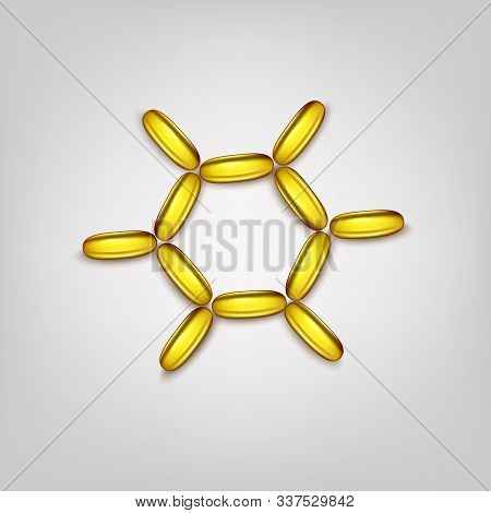 Capsules With Fish Oil On A Gray Background In The Form Of A Sun. The Concept Is The Effect Of The S