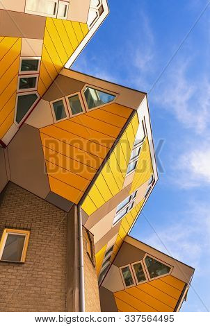 Roterrdam,  The Netherlands - December 01, 2019: View From Below On The Famous Cube House Designed B