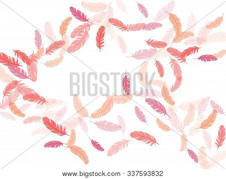 Fashoinable Pink Flamingo Feathers Vector Background. Flying Feather Elements Airy Vector Design. Pl