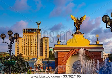 Kiev , Ukraine - August 30, 2019 : Maidan square skyline cityscape Landmark