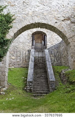 Old Medieval Ruined Gallenstein Castle. Arched Vaults And Stone Staircase Leading Into The Citadel. 