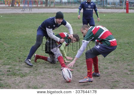 Odessa, Ukraine November 24, 2019: Local Rugby Clubs Engaged In Fierce Fight On Green Unequipped Fie