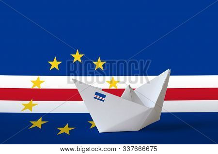 Cabo Verde Flag Depicted On Paper Origami Ship Closeup. Handmade Arts Concept