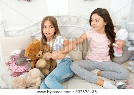 Toys Shop. Cute Soft Toys. Generosity And Greediness. Give It To Me. Kids Play Toys Bed. Little Girl