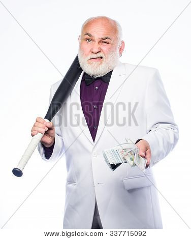 Senior Man Hold Cash Money And Baseball Bat. Richness Wellbeing. Money Profit. Personal Security. Su