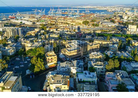 Haifa, Israel - November 30, 2019: View Of The Hadar Hacarmel Neighborhood, The Downtown And The Por