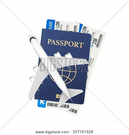 Passports, Boarding Passes And Airplane. Travel Concept. Booking Service Or Travel Agency Sign. Adve