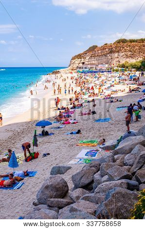 Rotonda Beach, Tropea, Calabria, Italy - September 07, 2019: Landscape View On Famous Rotonda Beach 