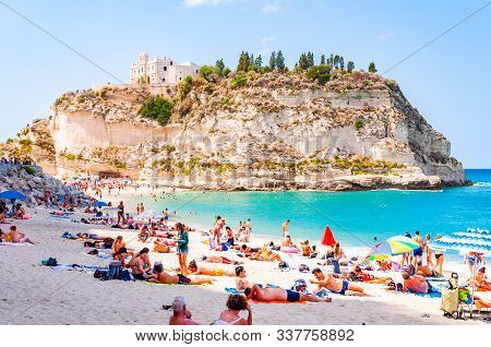 Rotonda Beach, Tropea, Calabria, Italy - September 07, 2019: Landscape View On Famous Rotonda Beach 